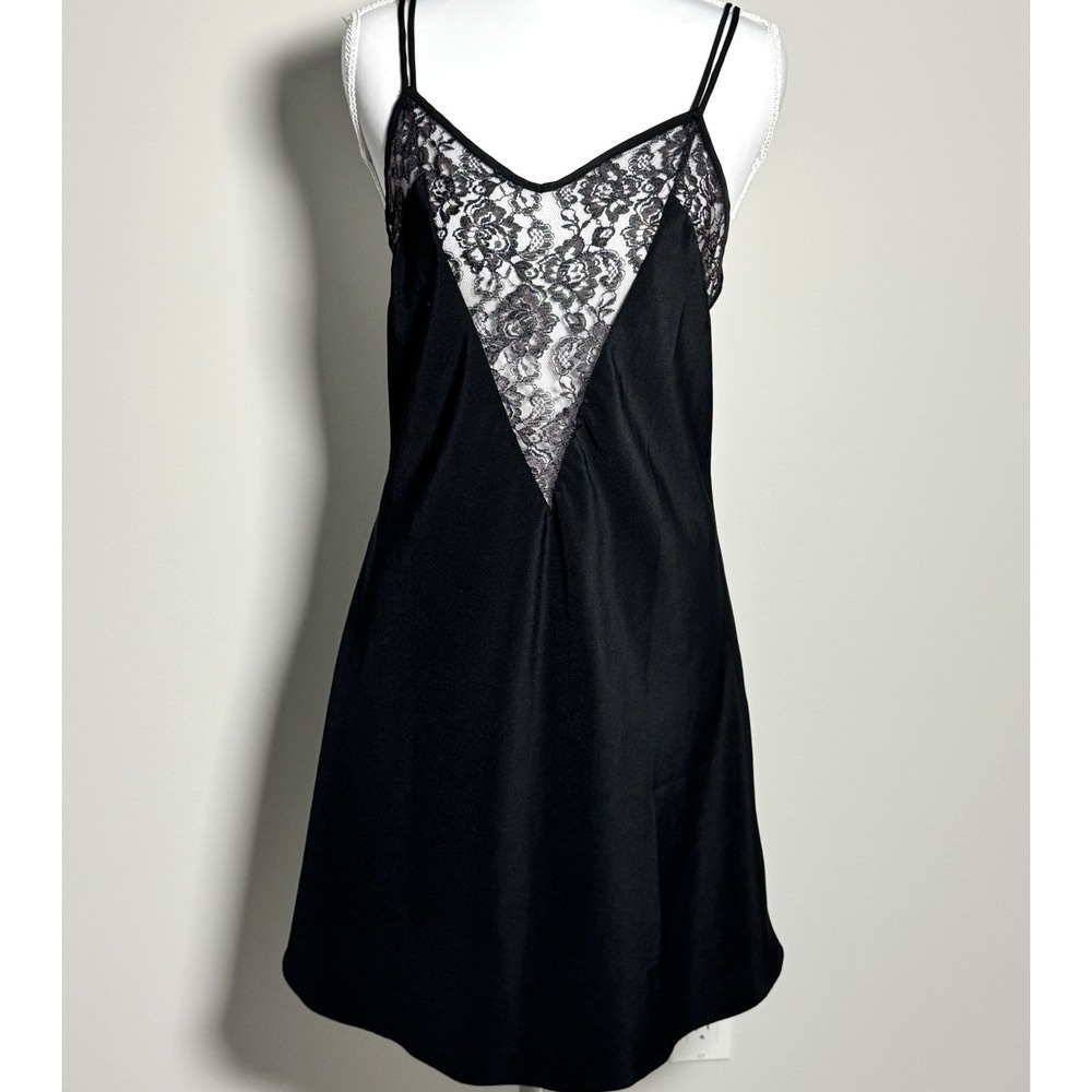 Vtg‎ Victoria's Secret Gold Label Black Satin Slip Aubergine Plum Lace Chemise M